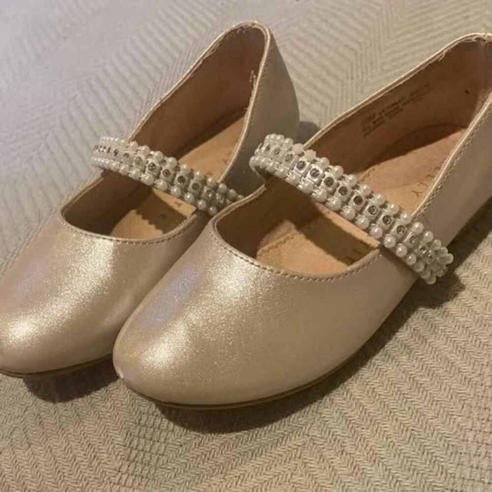Girl's Size 10 Kelly & Katie Shiny Champagne Color Flats with Bejeweled Strap